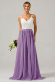 A-Line Spaghetti Straps Pleated Long Bridesmaid Dress With Lace