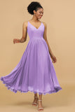 A Line Spaghetti Straps Floor-Length Chiffon Bridesmaid Dress with Ruffles