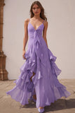 Dusty Blue Spaghetti Straps Chiffon A-Line Ruffled Bridesmaid Dress
