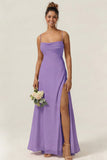 Green Flower A Line Spaghetti Straps Chiffon Long Bridesmaid Dress with Slit