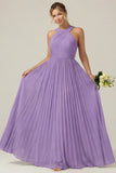Dusty Sage A Line Halter Pleated Long Bridesmaid Dress