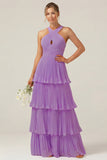 Lilac Halter Keyhole A Line Tiered Ruffle Pleated Bridesmaid Dress