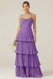 Dusty Sage Cowl Neck A Line Tiered Pleated Long Bridesmaid Dress