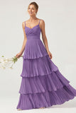 Dark Green A Line Ruched Pleated Spaghetti Straps Tiered Bridesmaid Dress