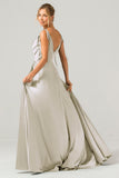 Dark Green A-Line Spaghetti Straps Pleated Satin Long Bridesmaid Dress With Slit