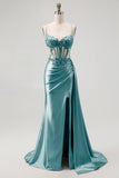 Champagne Mermaid Corset Streamer Beaded Ruched Long Prom Dress with Slit