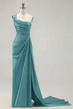 One Shoulder Green Sheath Ruched Long Prom Dress with Slit