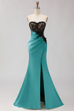 Black Green Strapless Mermaid Lace Appliqued Ruched Long Prom Dress with Slit