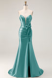 Navy Mermaid Strapless Corset Beaded Satin Long Prom Dress with Bow