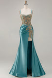 Black Mermaid Embroidered Beaded Lace Up Back Long Prom Dress with Slit
