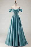 Off the Shoulder Purple A Line Beaded Corset Long Prom Dress with Slit