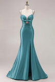 Mermaid Fuchsia Satin Cut Out Ruched Long Prom Dress with Slit