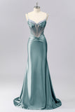 Sparkly Grey Blue Mermaid Rhinestones Corset Ruched Long Prom Dress with Beading