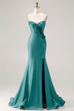 Royal Blue Strapless Sequin Corset Beaded Mermaid Long Prom Dress with 3D Flowers