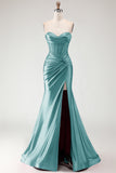Burgundy Mermaid Sweetheart Corset Beaded Ruched Long Prom Dress with Slit