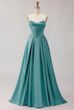 Golden A Line Beaded Strapless Corset Satin Long Prom Dress