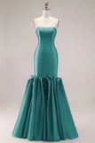Fuchsia Strapless Mermaid Satin Long Prom Dress with 3D Flowers