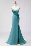 Green Strapless Mermaid 3D Flower Satin Long Prom Dress with Slit