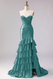 Red Mermaid Sweetheart Beaded Corset Tiered Ruffle Long Prom Dress with Slit