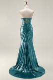 Metallic Fuchsia Strapless Mermaid Cut Out Lace Up Back Long Prom Dress with Slit