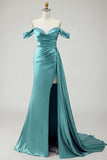 Royal Blue Off The Shoulder Mermaid Beaded Streamer Ruched Long Prom Dress with Slit
