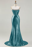 Metallic Fuchsia Strapless Beaded Mermaid Corset Long Prom Dress