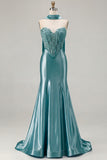 Blue Mermaid Corset Sweetheart Convertible Satin Long Prom Dress with Streamer