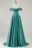Off the Shoulder A Line Blue Satin Long Bridesmaid Dress with Slit