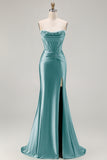 Dark Green Beaded Corset Strapless Mermaid Long Prom Dress with Slit