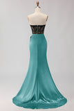 Black Green Strapless Mermaid Lace Appliqued Ruched Long Prom Dress with Slit