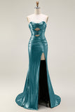 Metallic Fuchsia Strapless Mermaid Cut Out Lace Up Back Long Prom Dress with Slit