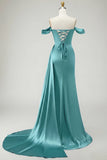 Royal Blue Off The Shoulder Mermaid Beaded Streamer Ruched Long Prom Dress with Slit