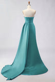 Royal Blue A Line Beaded Strapless Ruched Long Prom Dress with Slit