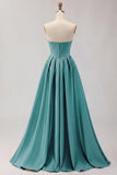 Golden A Line Beaded Strapless Corset Satin Long Prom Dress