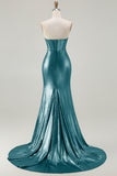 Metallic Fuchsia Strapless Beaded Mermaid Corset Long Prom Dress
