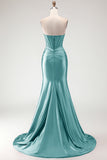 Burgundy Mermaid Sweetheart Corset Beaded Ruched Long Prom Dress with Slit