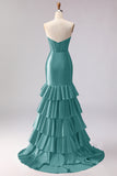 Red Mermaid Sweetheart Beaded Corset Tiered Ruffle Long Prom Dress with Slit