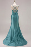 Mermaid Fuchsia Satin Cut Out Ruched Long Prom Dress with Slit