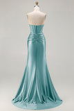 Dark Green Beaded Corset Strapless Mermaid Long Prom Dress with Slit