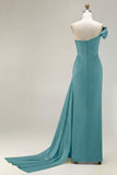 One Shoulder Green Sheath Ruched Long Prom Dress with Slit