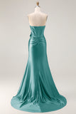 Navy Mermaid Strapless Corset Beaded Satin Long Prom Dress with Bow