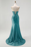 Black Mermaid Strapless Cut-Out Corset Satin Long Prom Dress with Slit