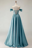 Off the Shoulder Purple A Line Beaded Corset Long Prom Dress with Slit