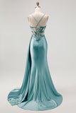Champagne Mermaid Corset Streamer Beaded Ruched Long Prom Dress with Slit