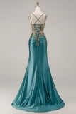 Black Mermaid Embroidered Beaded Lace Up Back Long Prom Dress with Slit