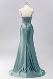 Sparkly Grey Blue Mermaid Rhinestones Corset Ruched Long Prom Dress with Beading