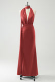Burgundy Sheath Convertible Deep V Neck Ruched Long Bridesmaid Dress with Open Back