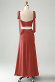 Fuchsia A Line Spaghetti Straps Floor Length Bridesmaid Dress with Slit