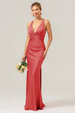 Pink Mermaid Deep V Neck Ruched Long Bridesmaid Dress with Lace Up Back