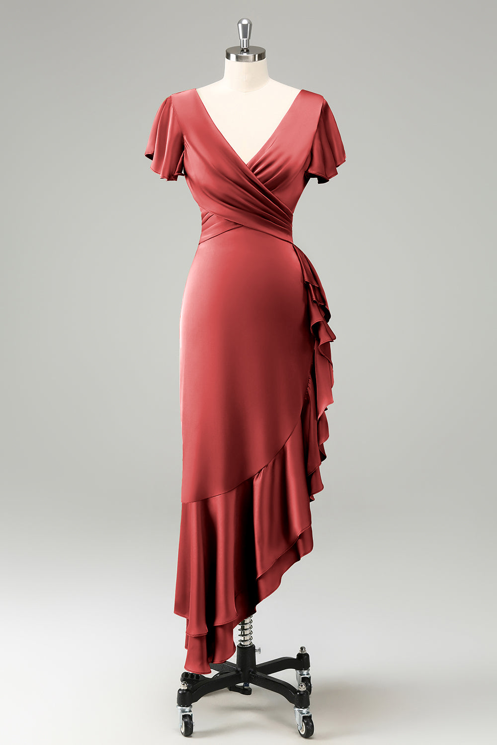 Wedtrend Women Elegant Dusty Sage Bridesmaid Dress A Line V Neck Short Sleeves Asymmetrical Guest Dress with Ruffles, Burgundy / US2